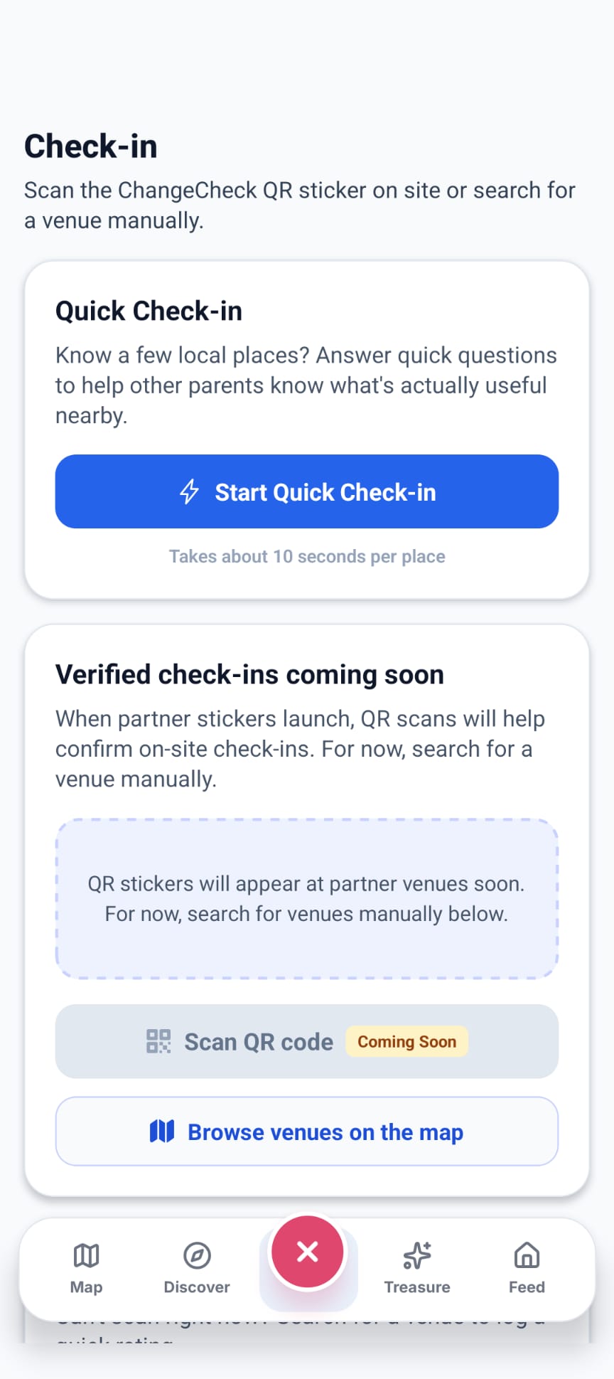 Check-in screen with Quick Check-in CTA and full venue browse option