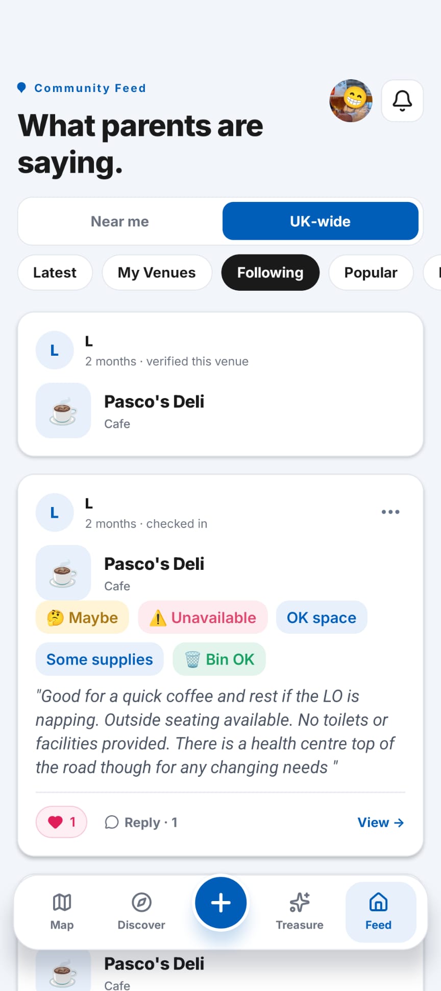 Community feed showing check-ins, parent reactions, and venue reviews