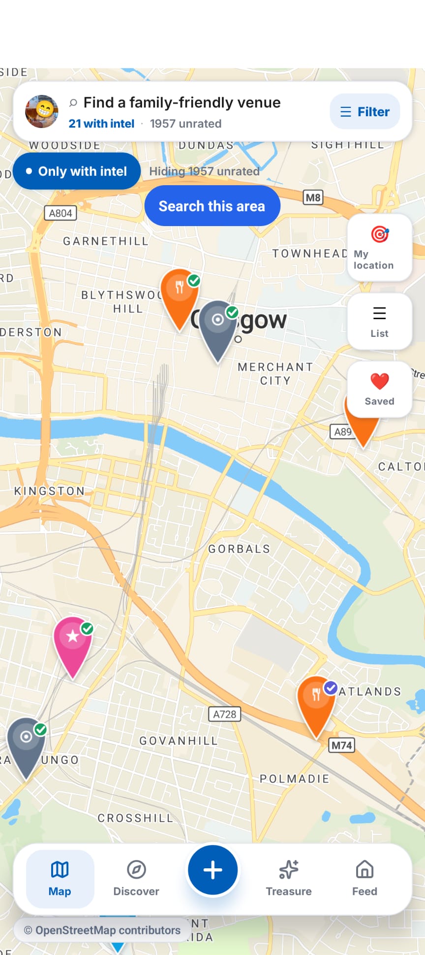 Map showing nearby family-friendly venues with trust badges on every pin