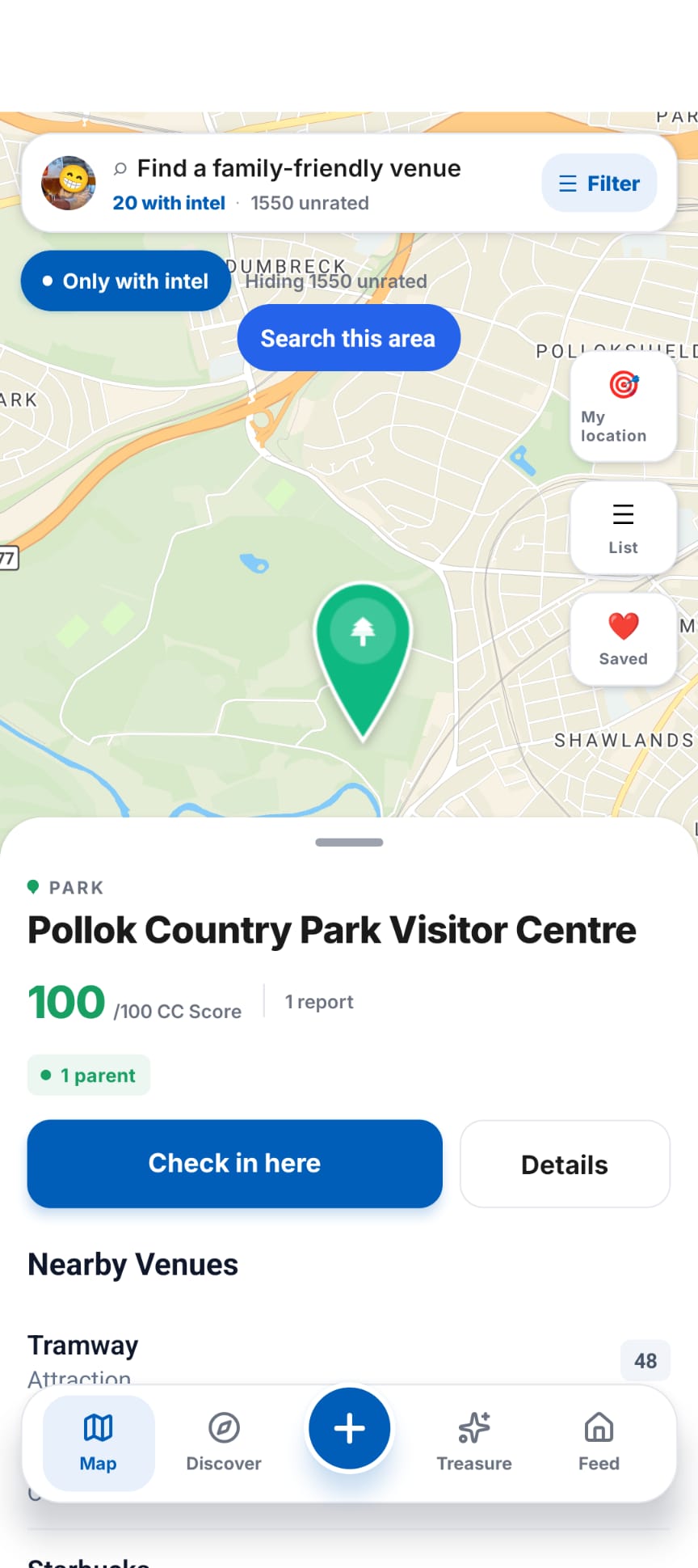 Map with a tapped venue card showing ChangeCheck Score, amenities, and a Check in now CTA