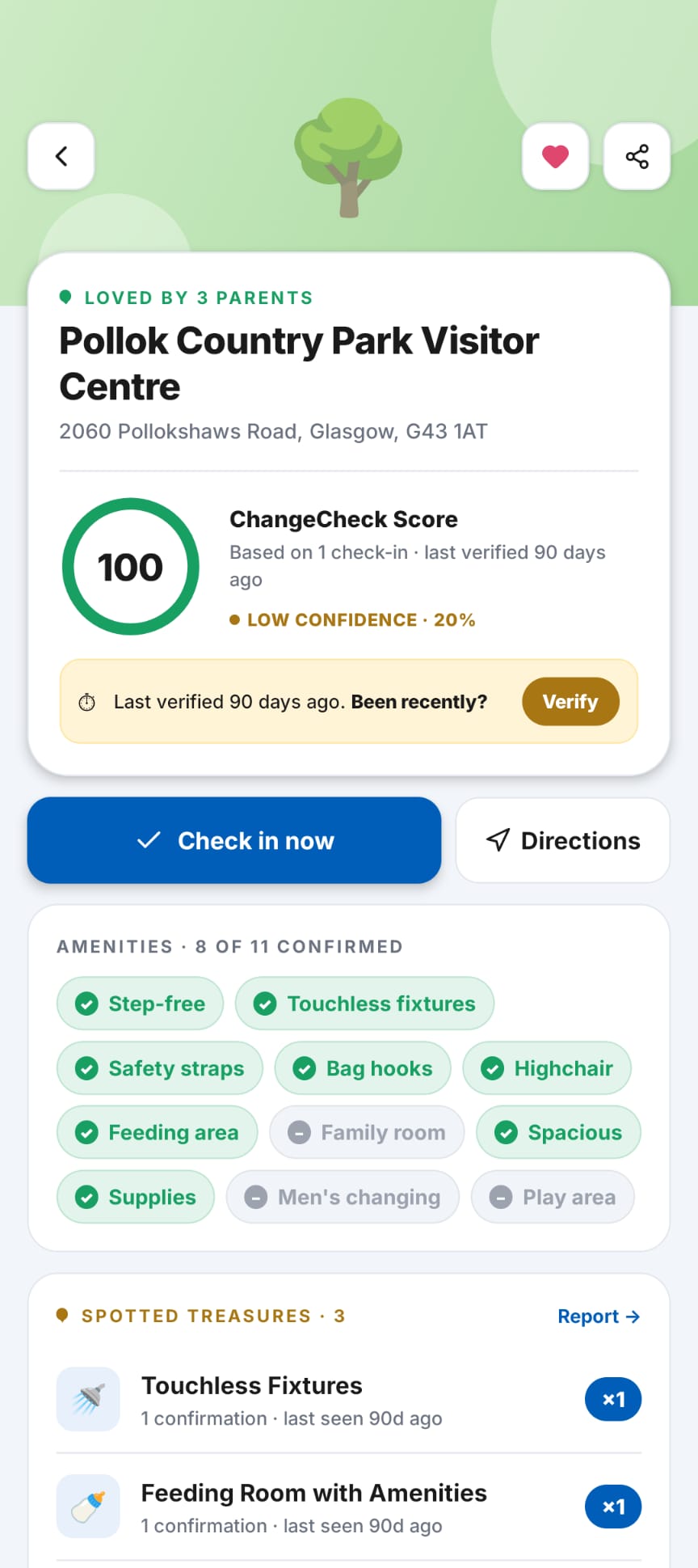 Venue detail showing ChangeCheck Score, last-verified time, and parent-confirmed amenities