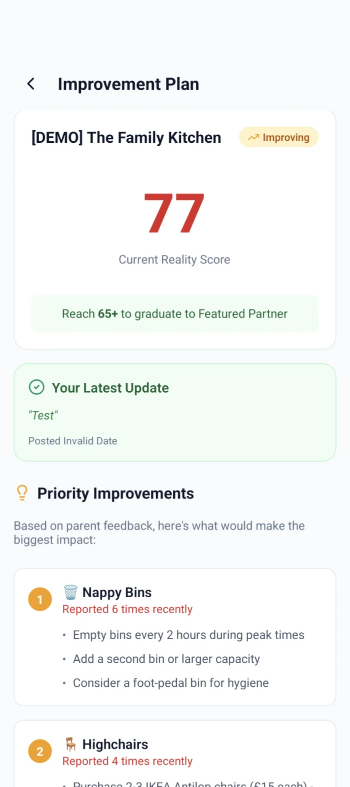 Improvement Plan with prioritised suggestions