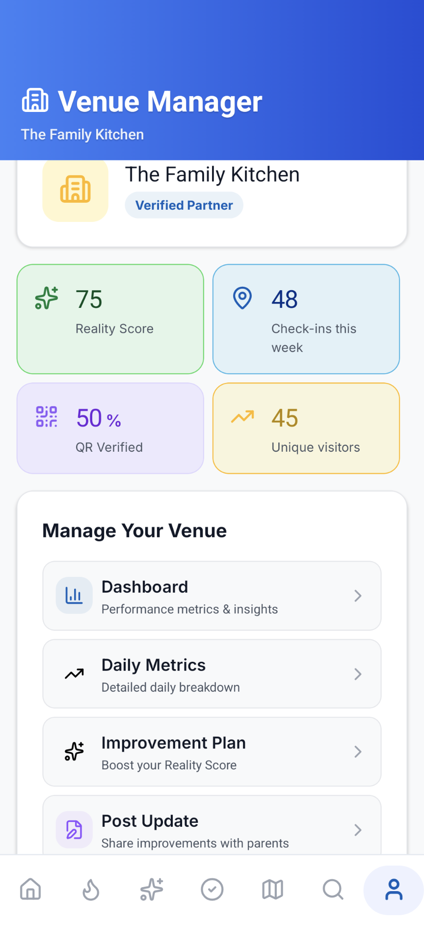Venue Manager home screen with ChangeCheck Score and quick stats