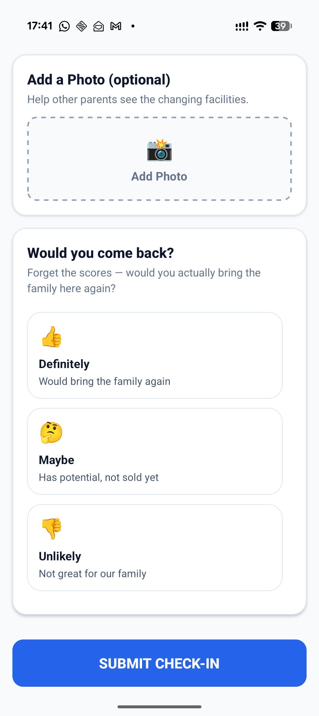 Check-in form with photo upload and would you come back question