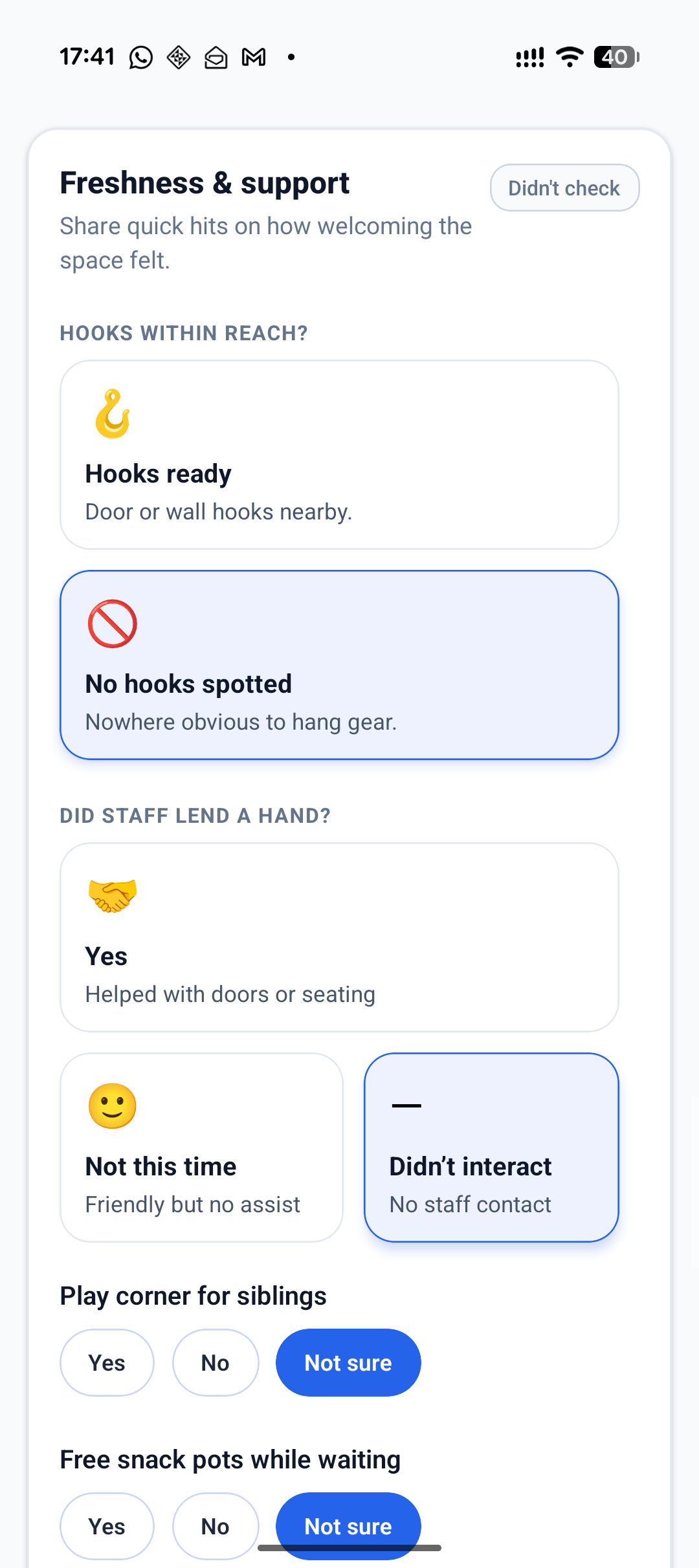 Check-in form showing changing table location options