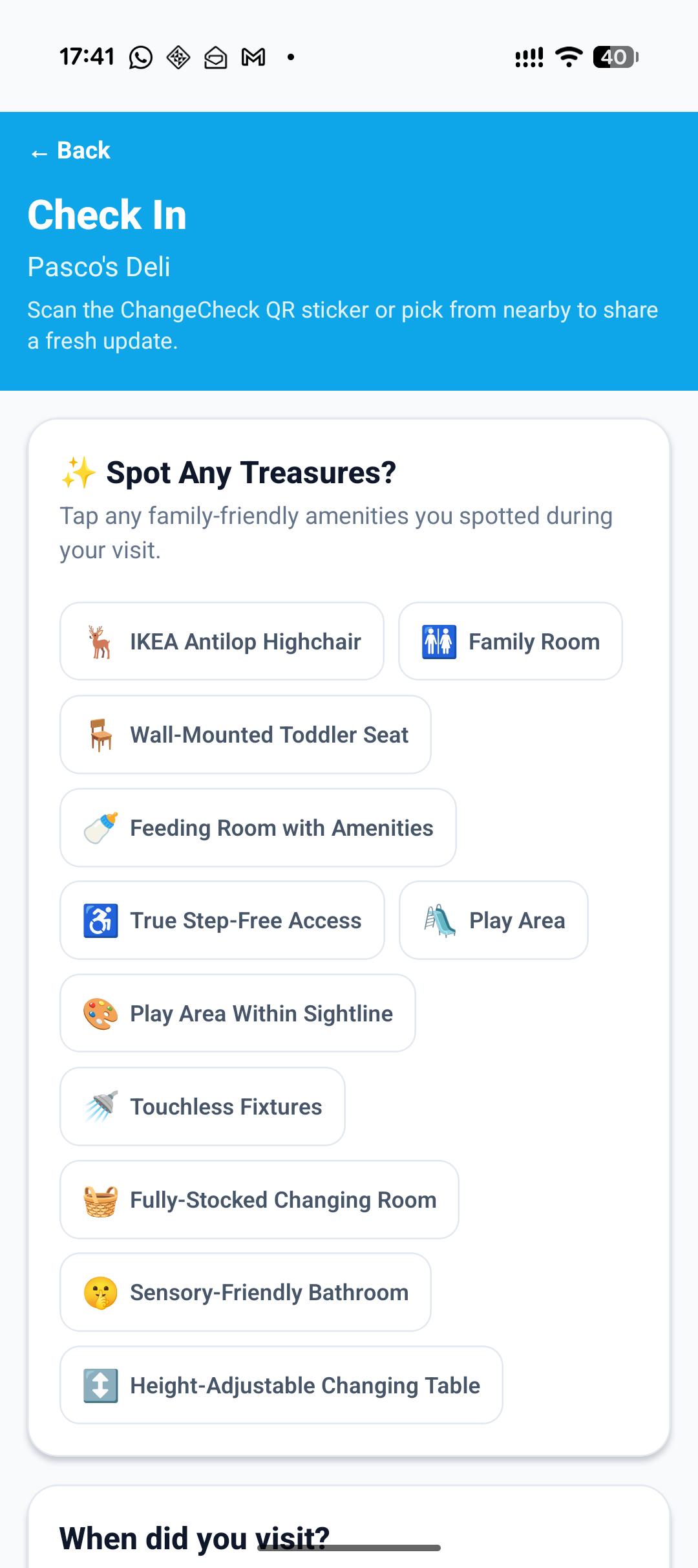 Check-in form showing treasure spotting for family-friendly amenities