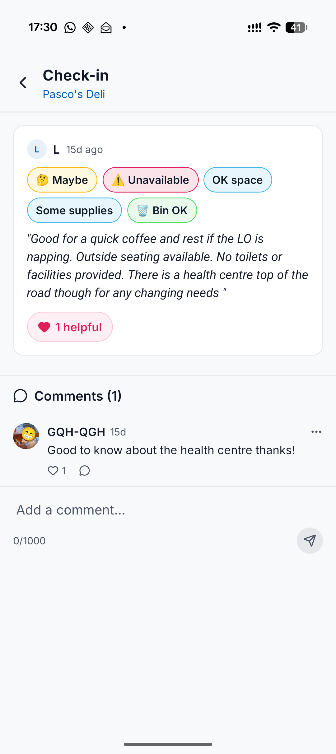 Check-in with comments and helpful reactions from other parents