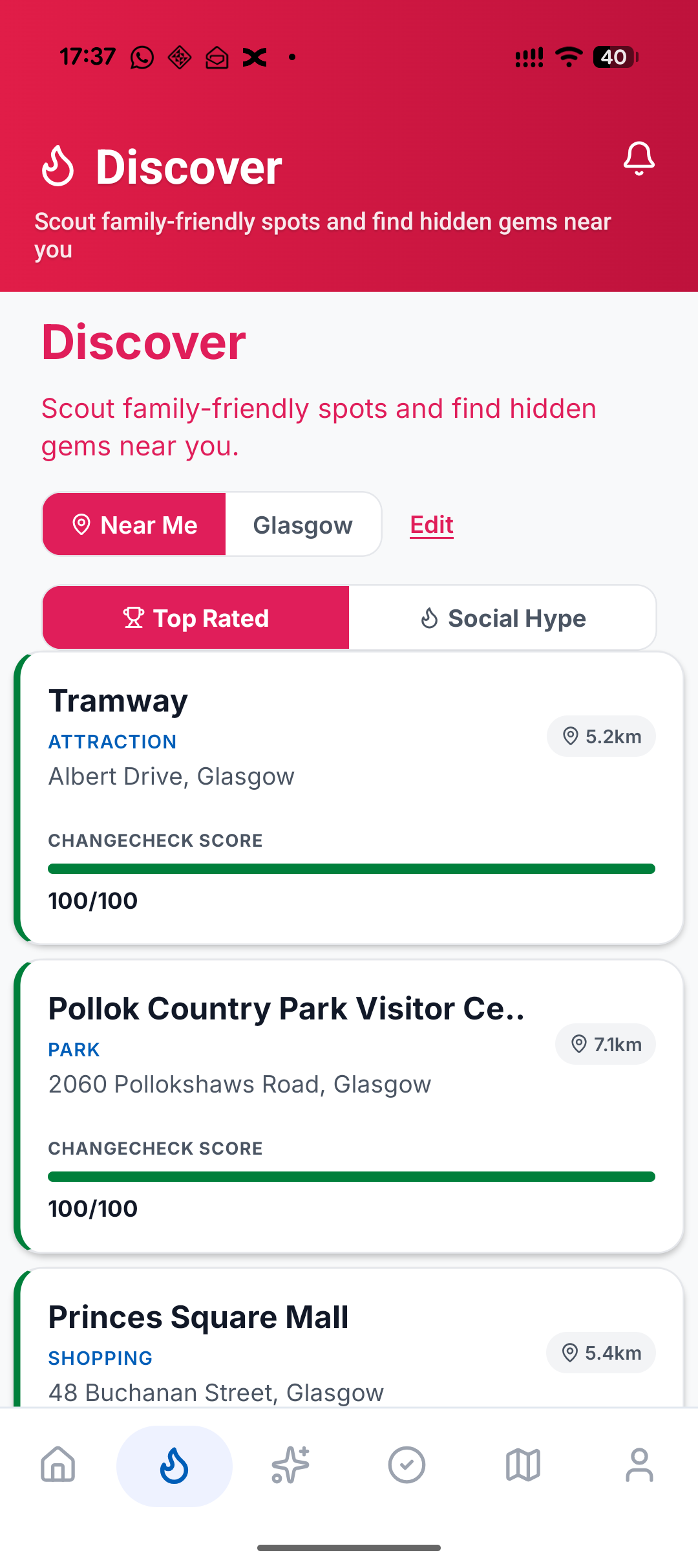 Discover page showing top rated family-friendly venues