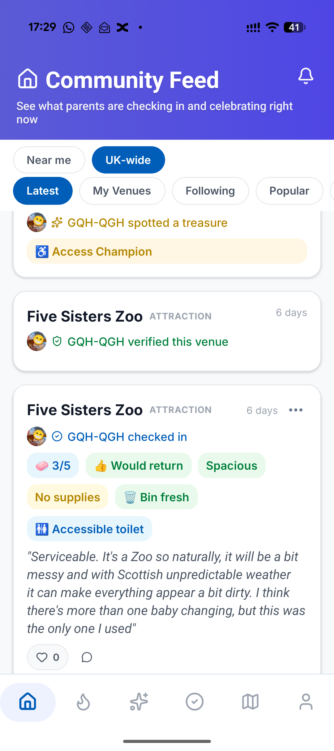 Community feed showing check-ins, achievements, and venue reviews