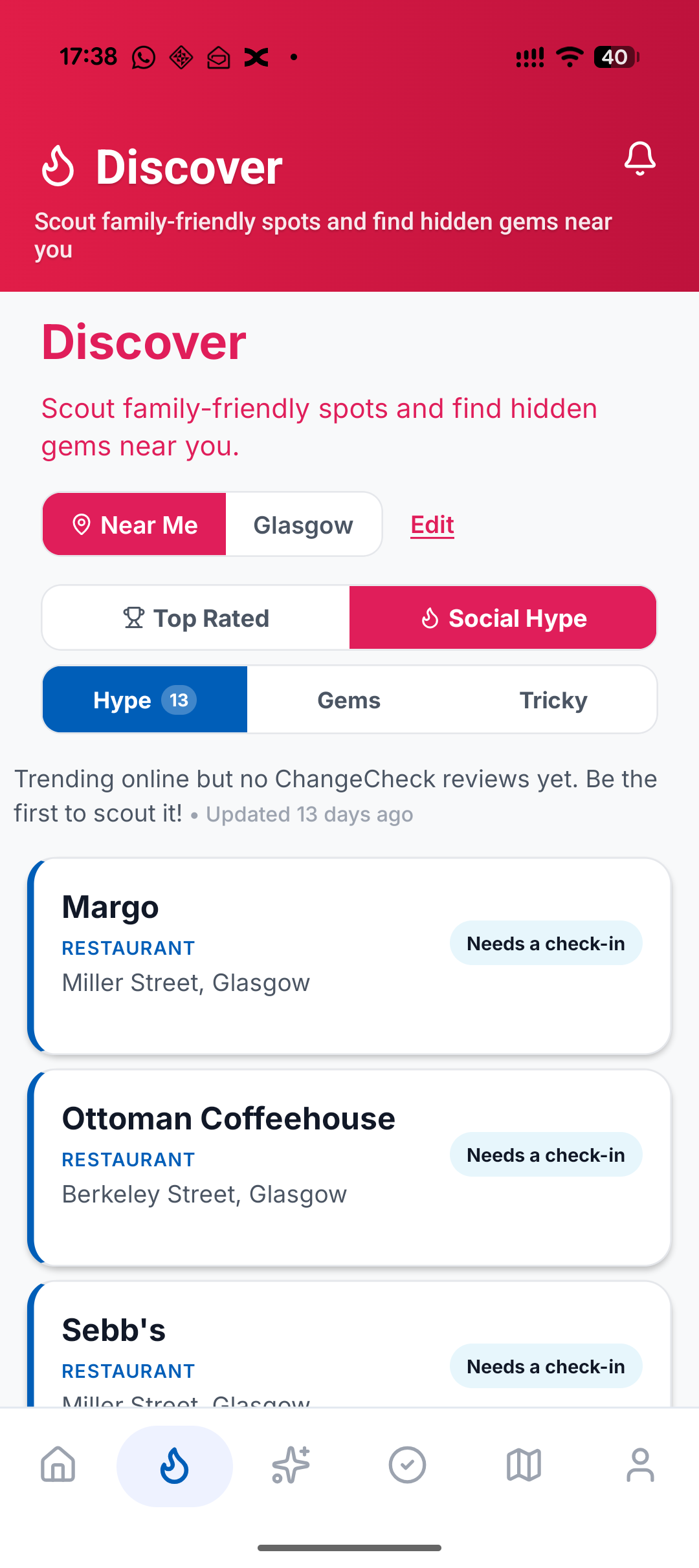 Social Hype showing trending venues that need parent reviews