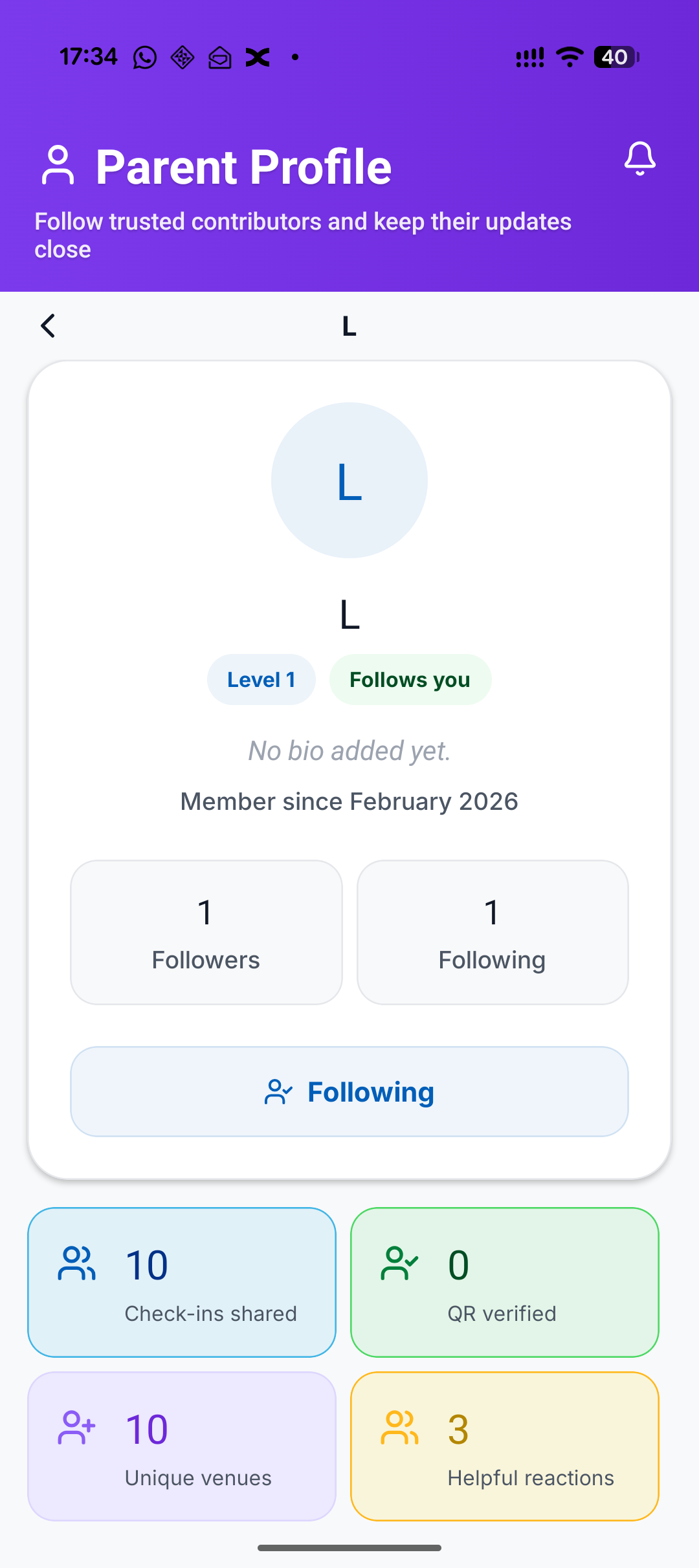 Parent profile showing followers, check-in stats, and achievements