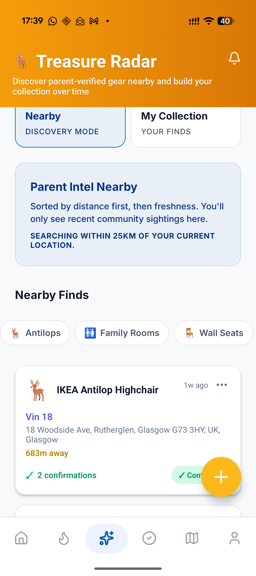 Treasure Radar showing nearby family-friendly amenity sightings